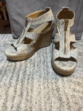 Michael Kors Light Beige Monogram Espadrille Wedge Sandals with Front Zip